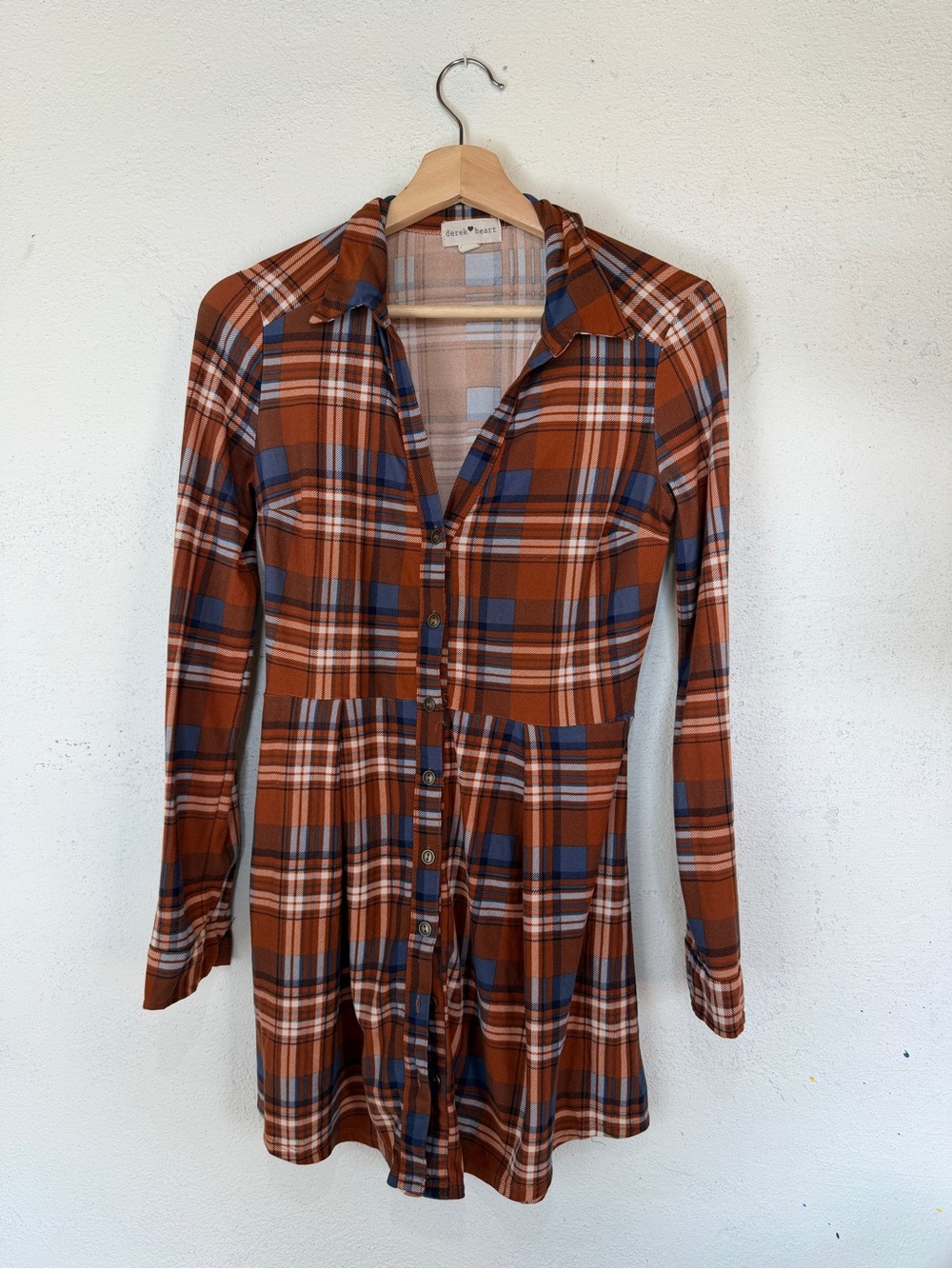 Rust Plaid Button-Front Shirt Dress